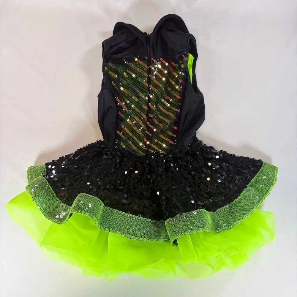 Weissman Neon Green Black Sequin Jazz Tap Dance Costume Tutu Dress IC Kids